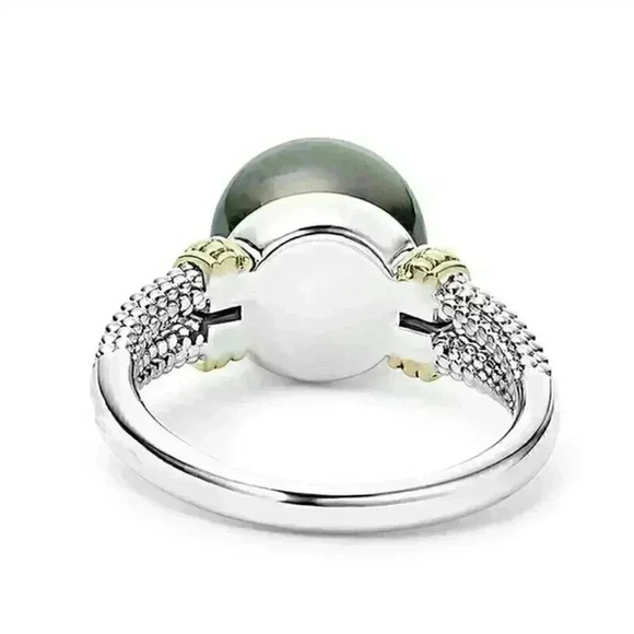 New Beautiful Two-Tone Gold/925 Silver Cultured Black Pearl Ring - Picture 4 of 5